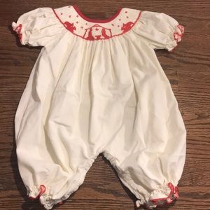 Nativity Smocked Cream Romper with Red Accent